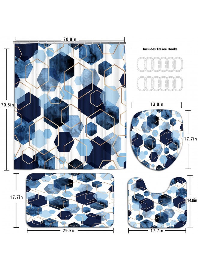 LQCOOL 4Pcs Blue Bathroom Set Geometric Shower Curtain Set Modern Art Navy Blue Abstract Bathroom Curtain Set with 12 Hooks, Bathroom Carpet Bath Mat and Toilet Rugs - Image 2