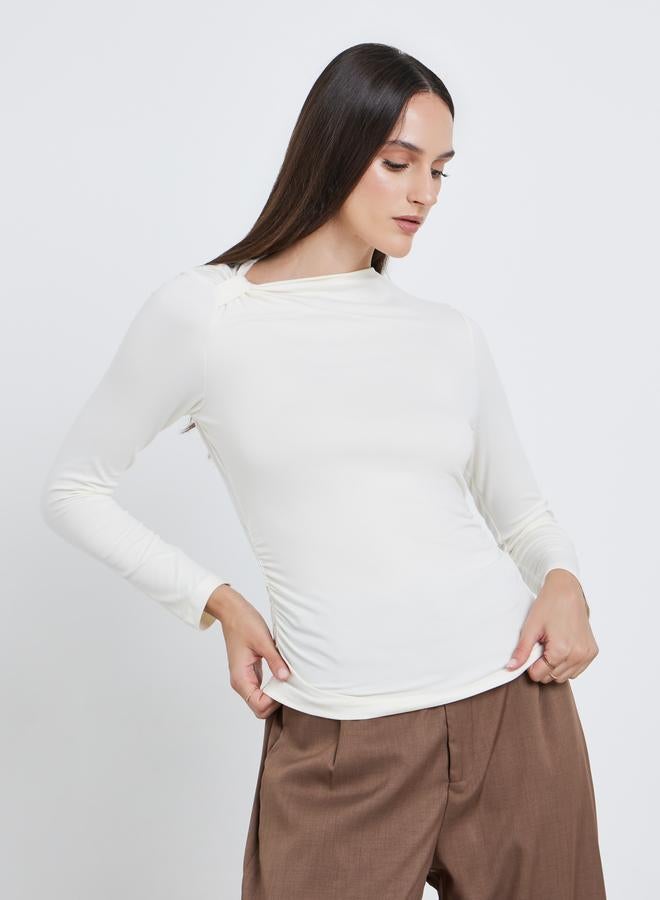 Styli Women Cream Asymmetric Neck Fitted Top - Image 3