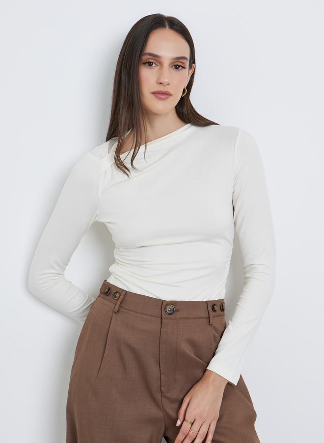Styli Women Cream Asymmetric Neck Fitted Top - Image 1