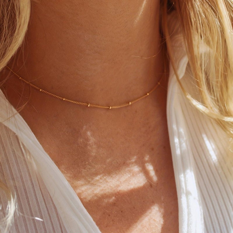 Krfy Gold Chain Necklace for Women Trendy - 925 Sterling Silver Clasp Dainty Choker Necklace 14K Gold Plated Thin Simple Satellite Chain Necklace Non Tarnish Waterproof Gold Jewelry for Women 16 inch - Image 4