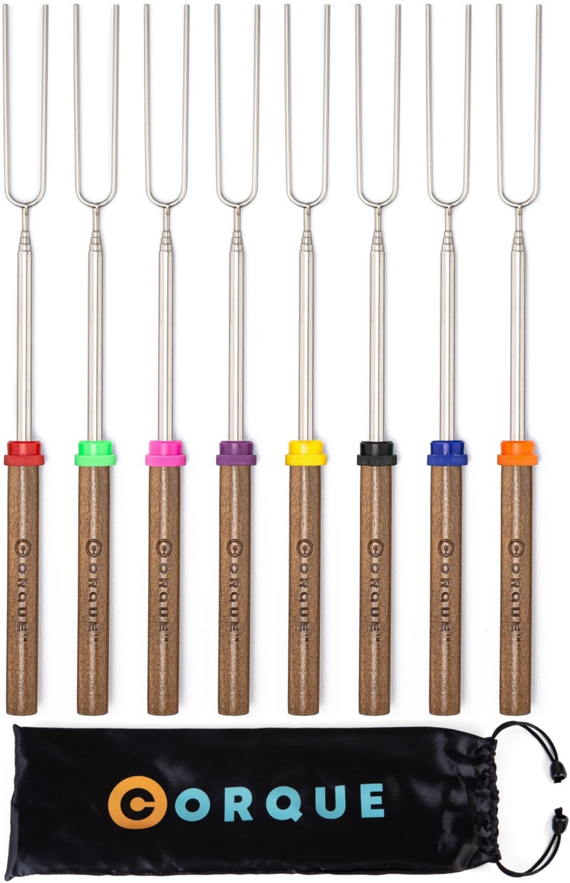 CORQUE Marshmallow Roasting Sticks Smores Sticks Extendable Camping Skewer for Fire Pit Wooden Handle 32inch Metal for BBQ Hotdog Cooking Campfires Bonfires Set of 8