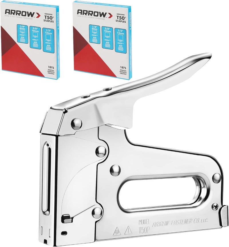 Arrow Fastener Arrow T50 Heavy Duty Staple Gun Kit, All Chrome Steel Stapler, with 3750 Pieces T50 1/4", 3/8", 1/2" Staples, for Upholstery Professional Projects - Image 1