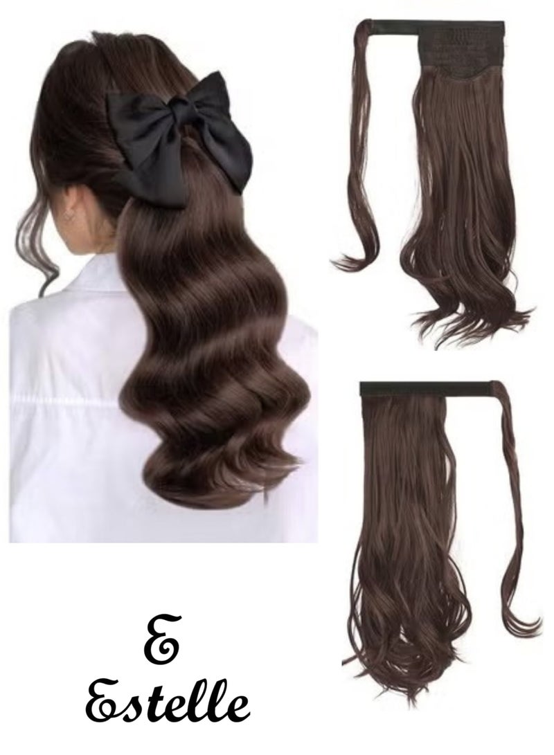 إستيل وصلة ذيل حصان مجعد 15 بوصة مقاومة للحرارة من الشعر الاصطناعي الطبيعي المتموج قطعة ملفوفة حول وصلات شعر ذيل الحصان للنساء بني داكن مزيج بني داكن مجعد - Image 1