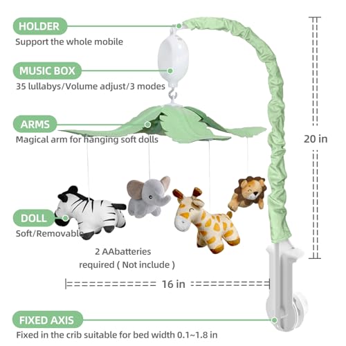 Feisike Jungle Safari Baby Crib Mobile with 35 Soothing Lullabies & 3 Modes - Adjustable Nursery Mobiles for Boys & Girls, Animal-Themed Nursery Decor Musical Mobile for Crib or Bassinet - Image 4