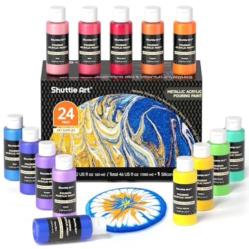 Shuttle Art 24 Pack Metallic Acrylic Pouring Paint, Shuttle Art 23 Metallic Colors Ready-to-pour Acrylic Paint with 1 Silicon Oil, 60ml/2oz Each, Rich Pigment, High Flow Pouring Paint Set for Canvas, Rock, Ceramic, Wood - Image 1