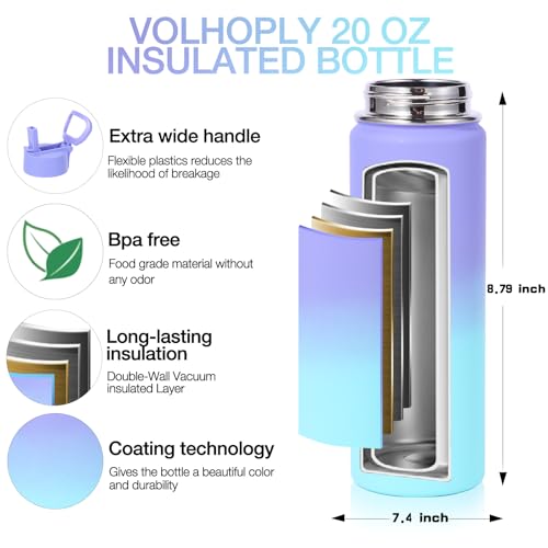 Volhoply 20oz Insulated Stainless Steel Water Bottle With Straw Lid Bulk 2 Pack,Kids Double Wall Vacuum Cups With Handle,Reusable Outdoor Sports Metal Bottles,Travel Flask Keep Cold(Purple Blue,2) - Image 4