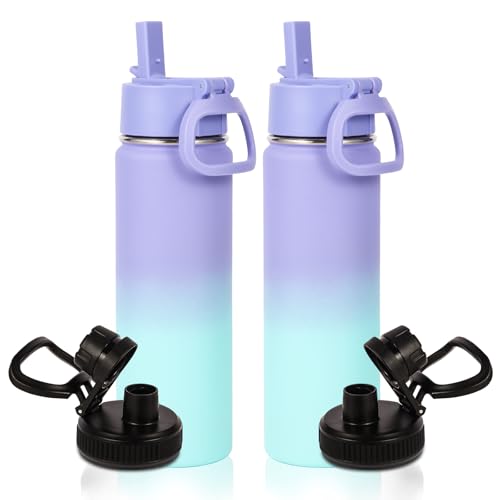 Volhoply 20oz Insulated Stainless Steel Water Bottle With Straw Lid Bulk 2 Pack,Kids Double Wall Vacuum Cups With Handle,Reusable Outdoor Sports Metal Bottles,Travel Flask Keep Cold(Purple Blue,2) - Image 1