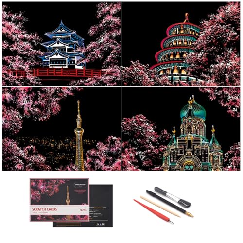 BOTEEN Scratch Painting Rainbow Paper by BOTEEN Scratch Sketch DIY Art Craft City Series Night View Creative Gift Scratchboard for Adults and Kids Craft Kits with 4 Tools A4 4pack - Image 1