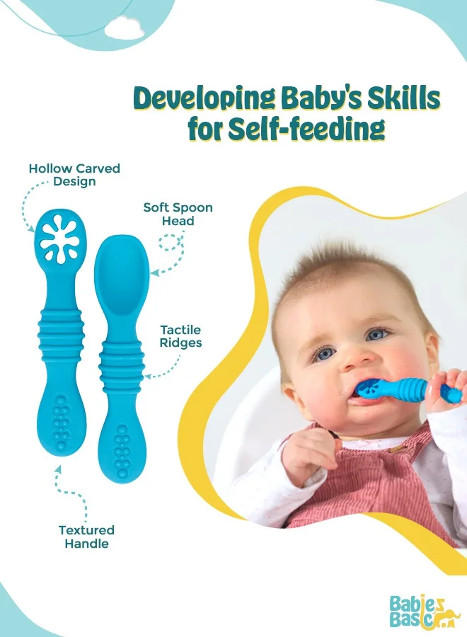 Babies Basic Soft Tip Bpa Free Silicone First Stage Training Spoon With Masher- Blue
