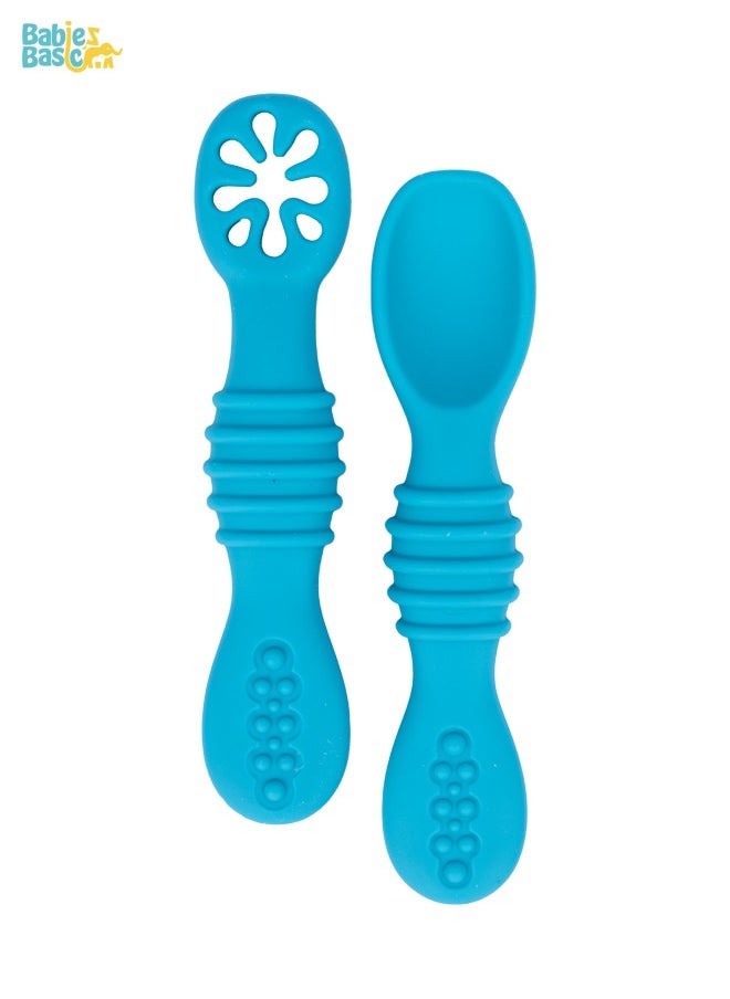 Babies Basic Soft Tip Bpa Free Silicone First Stage Training Spoon With Masher- Blue  - Image 1