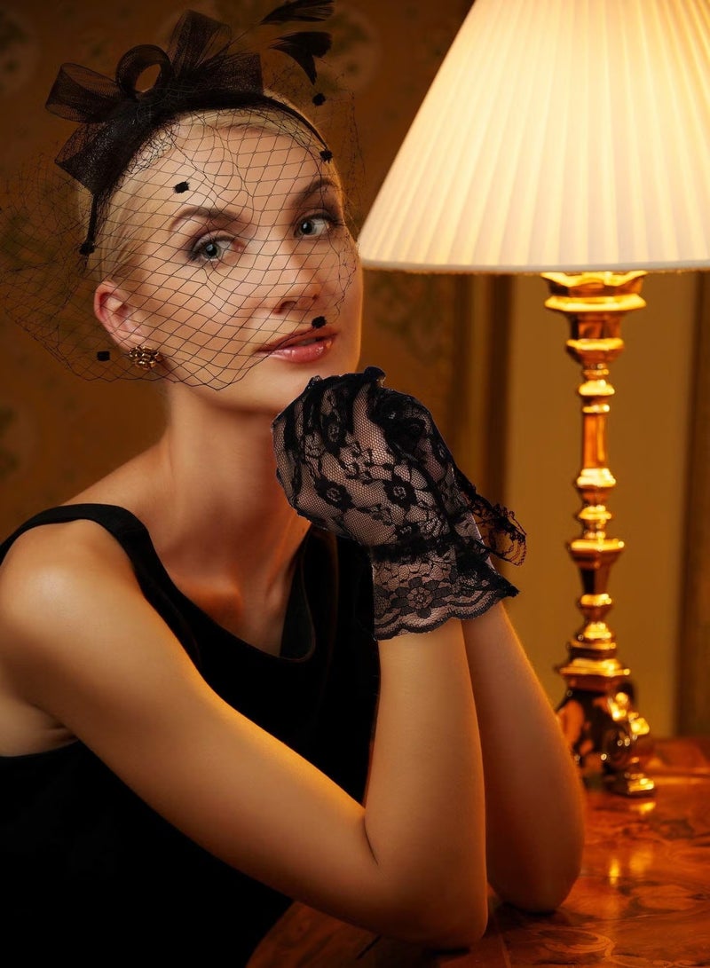 WAOKN Hat for Women Hat Pillbox Hat Vintage Black Veil Top Mesh Headband and Short Lace Gloves Floral Lace Gloves Tea Party Wedding Flower Feathers Hair Clip Woolen Fabric Dinner Party Headwear  - Image 4