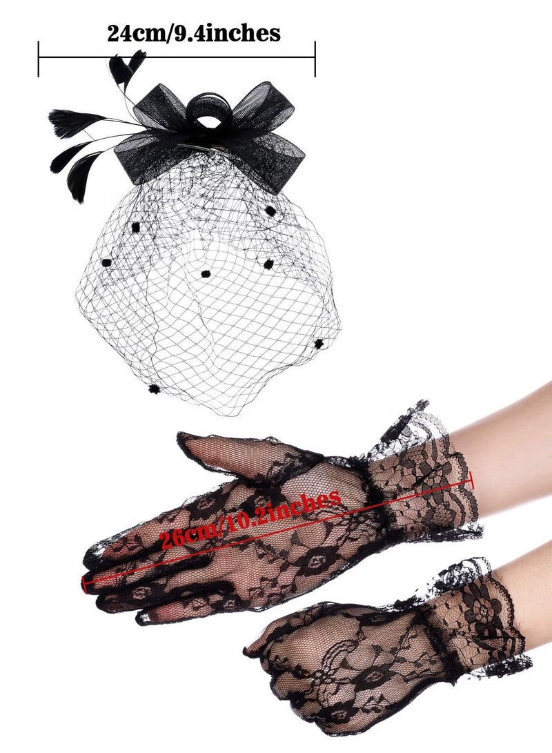 WAOKN Hat for Women Hat Pillbox Hat Vintage Black Veil Top Mesh Headband and Short Lace Gloves Floral Lace Gloves Tea Party Wedding Flower Feathers Hair Clip Woolen Fabric Dinner Party Headwear  - Image 3