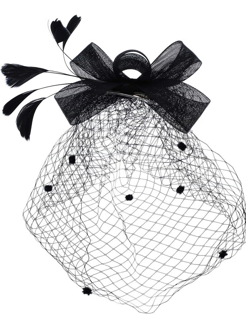 WAOKN Hat for Women Hat Pillbox Hat Vintage Black Veil Top Mesh Headband and Short Lace Gloves Floral Lace Gloves Tea Party Wedding Flower Feathers Hair Clip Woolen Fabric Dinner Party Headwear  - Image 2