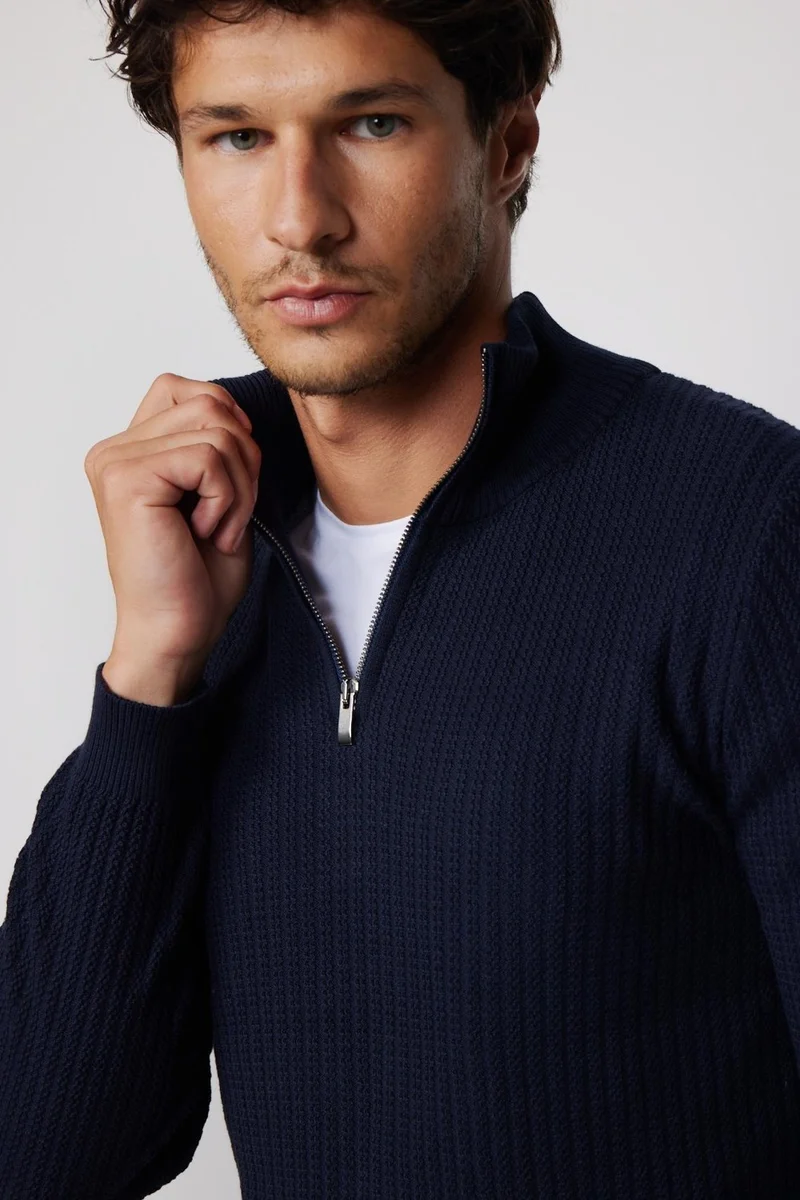 Tudors Slim Fit Slim Fit Stand Collar Zippered Patterned Navy Blue Men's Sweater
