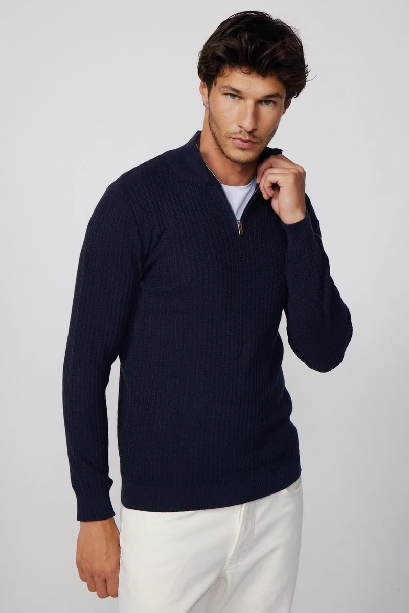 Tudors Slim Fit Slim Fit Stand Collar Zippered Patterned Navy Blue Men's Sweater