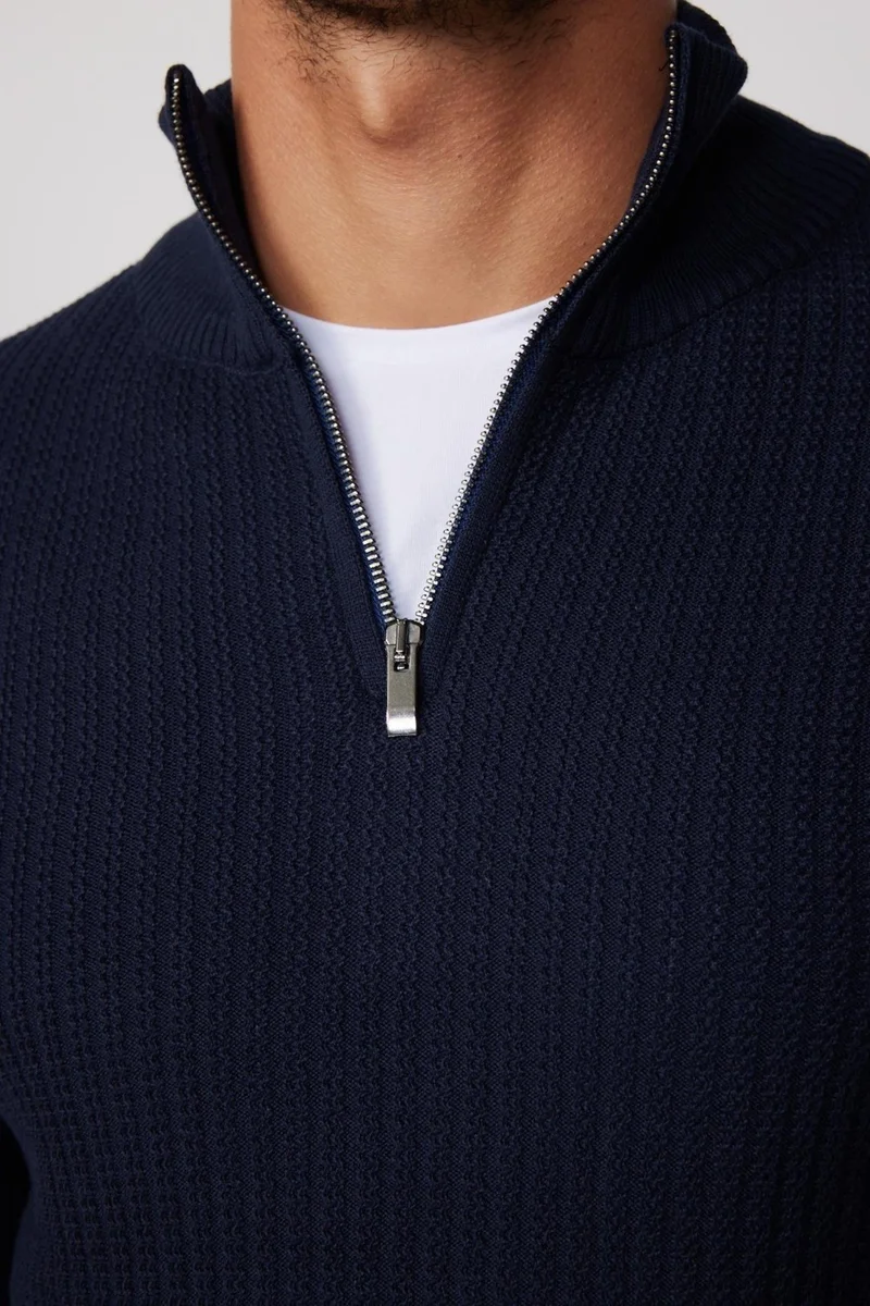 Tudors Slim Fit Slim Fit Stand Collar Zippered Patterned Navy Blue Men's Sweater
