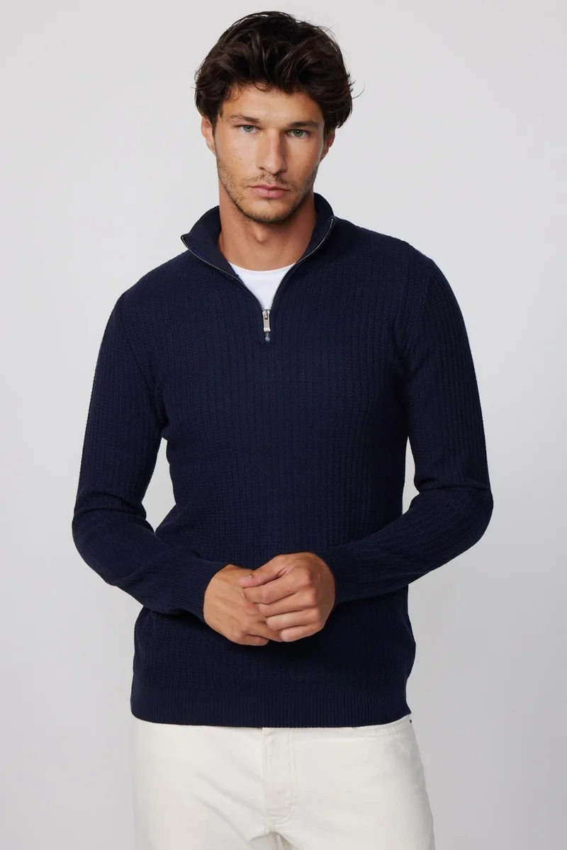 Tudors Slim Fit Slim Fit Stand Collar Zippered Patterned Navy Blue Men's Sweater