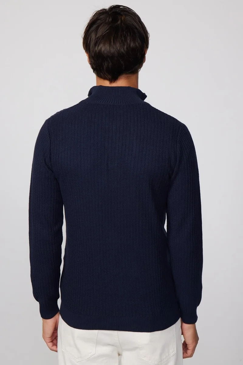 Tudors Slim Fit Slim Fit Stand Collar Zippered Patterned Navy Blue Men's Sweater