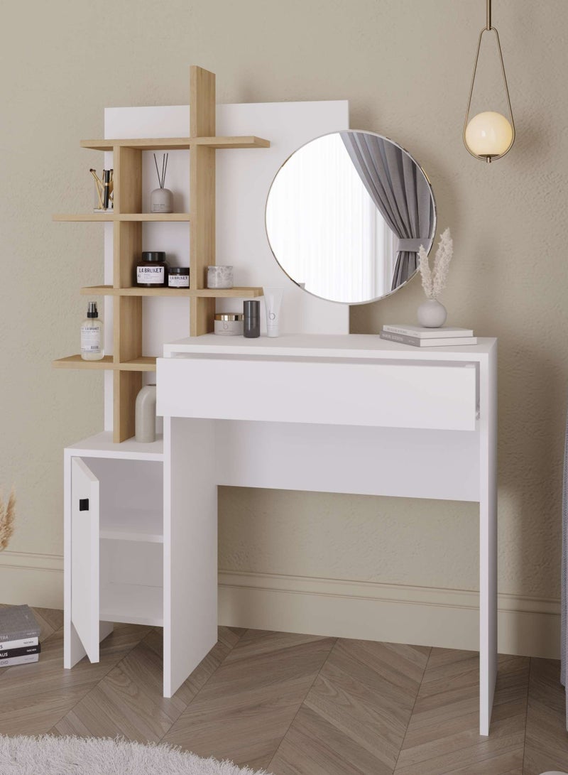 Mourah Home Mup Makeup Vanity Desk Modern Dressing Table With 1 Drawer 1 Door For Storage 5 Tier Dressing Table With Mirror Storage Cabinets Bedroom Furniture  35 X 151 X 105 Cm  White- 2 Years Warranty - Image 4