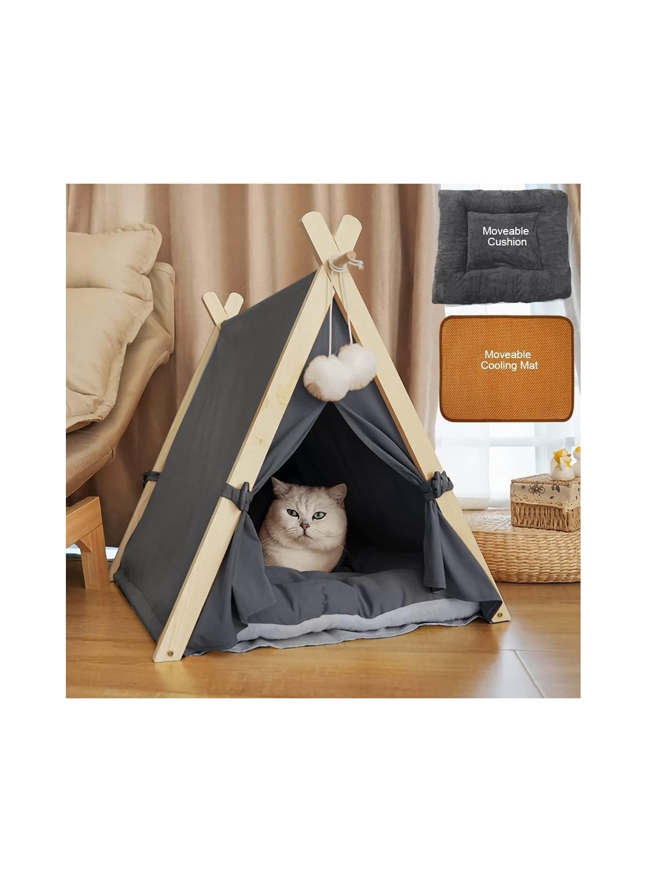 Large Pet Tent Washable Durable Canvas Teepee Dog Cat Bed Small to Medium Puppy Rabbit Kitten Portable Folding Indoor Sleep Play House Cave with Soft Cozy Cushion for Travel Camping, Grey