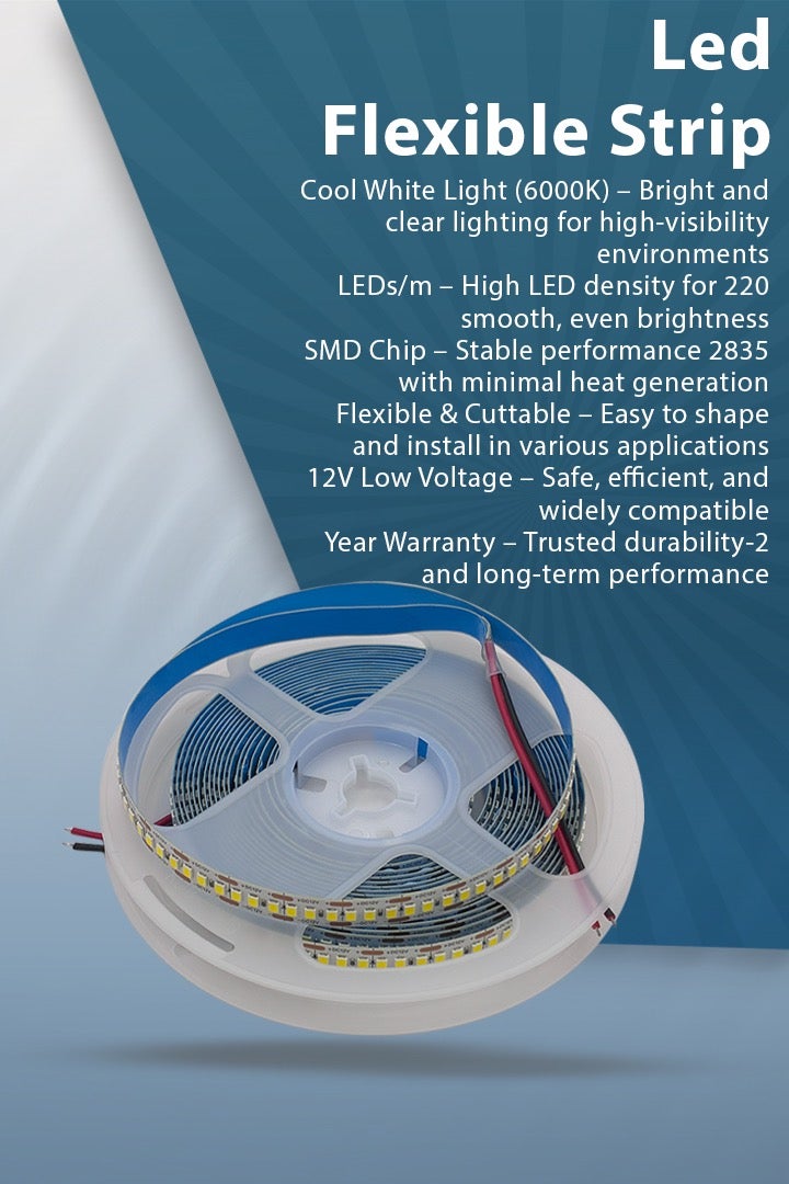 أي ديزاين شريط إضاءة LED – أبيض بارد 6000 كلفن – 220 ليد/متر – شريحة 2835 – رول 5 أمتار – 12 فولت - Image 2