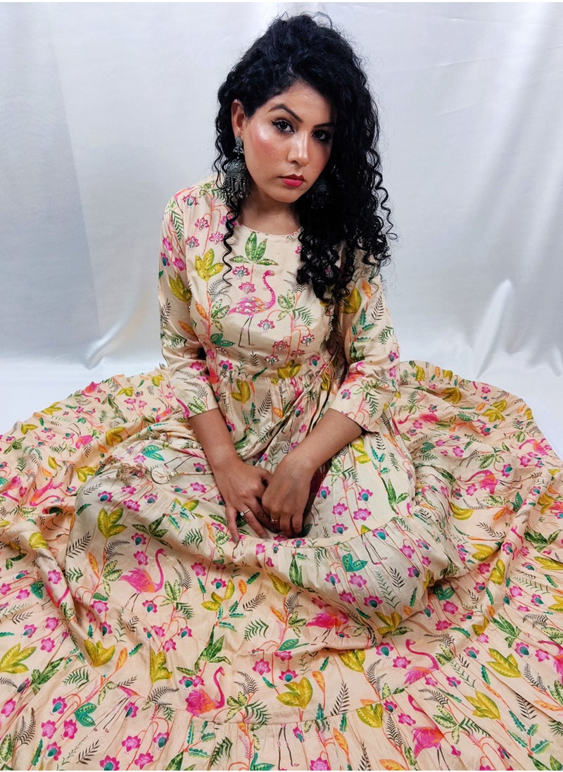 PRIYA’S PANACHE - PRIYA'S PANACHE Stylish Vibrant Muslin Printed Flared Gown - Designer Festival Traditional Ethnic Indian Partywear For Women - Image 1