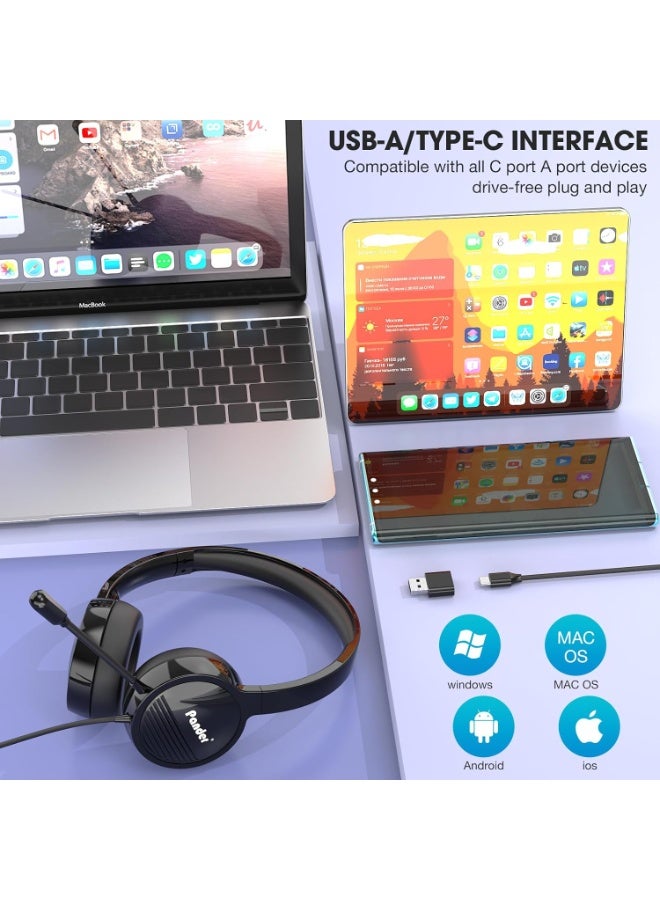 Pander سماعة رأس مزودة بميكروفون، سماعة رأس سلكية بمنفذ USB مزودة بميكروفون للكمبيوتر الشخصي، سماعة رأس للكمبيوتر مزودة بميكروفون عازل للضوضاء، سماعات رأس USB/USB-C مزودة بميكروفون للعمل والمكتب والفصول الدراسية عبر الإنترنت وSkype وZoom Meeting  - Image 2