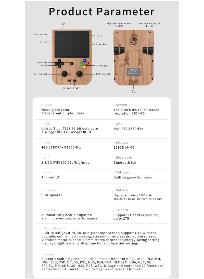 Anbernic RG405V Game Console 4-inch IPS Touch Screen 640*480 Android 12 Unisoc Tiger T618 5500mAh 5G WiFi BT Heat Dissipation 26 Emulators Gift Package【Wood-128G with 20,000 Games Pre-installed】