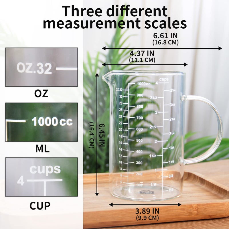 77L Glass Measuring Cup, [Insulated handle, V-Shaped Spout], High Borosilicate Glass Measuring Cup for Kitchen or Restaurant, Easy To Read, 1000 ML (1 Liter, 4 Cup) - Image 4