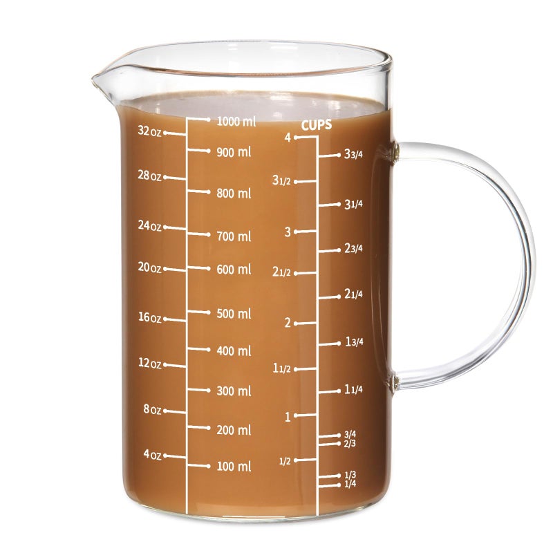 77L Glass Measuring Cup, [Insulated handle, V-Shaped Spout], High Borosilicate Glass Measuring Cup for Kitchen or Restaurant, Easy To Read, 1000 ML (1 Liter, 4 Cup) - Image 1