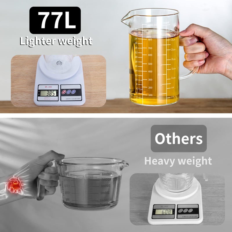 77L Glass Measuring Cup, [Insulated handle, V-Shaped Spout], High Borosilicate Glass Measuring Cup for Kitchen or Restaurant, Easy To Read, 1000 ML (1 Liter, 4 Cup) - Image 3