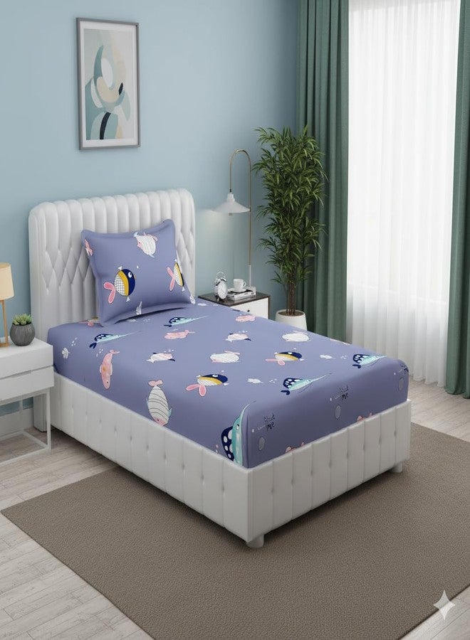 FRESH FROM LOOM Glace Cotton Wrinkle Free Soft Hypoallergenic Bed Sheet | Cartoon Printed Single Bedsheet For Kids With One Pillow Cover (60X90 Inches/Fish/Blue), 144 tc - Image 1