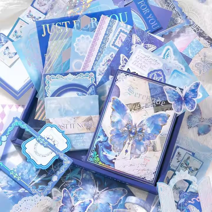 Mluffy Blue Butterfly Aesthetic journaling kit, Scrapbook Journal Set, DIY Paper Stickers Craft Kits for Journal kit, Aesthetic Sticker, Scrap Book and Notebook Collage (Blue Butterfly) - Image 3