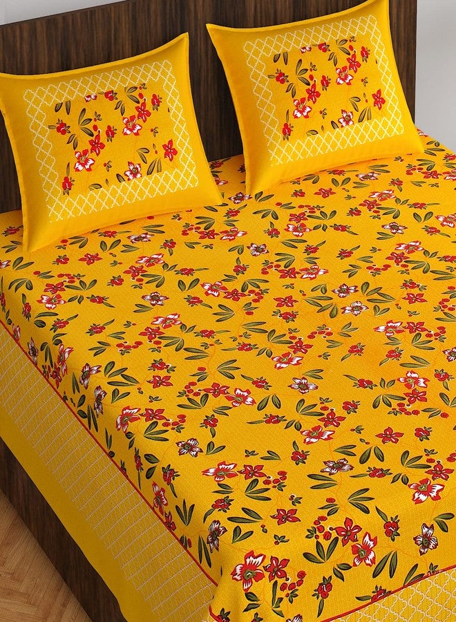 EarlyMart Cotton Rajasthani Jaipuri Traditional Floral King Size Double Bedsheet with 2 Pillow Covers (Yellow-2) - Image 1