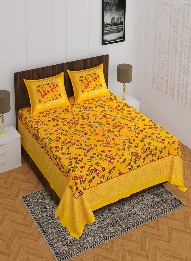 EarlyMart Cotton Rajasthani Jaipuri Traditional Floral King Size Double Bedsheet with 2 Pillow Covers (Yellow-2) - Image 2