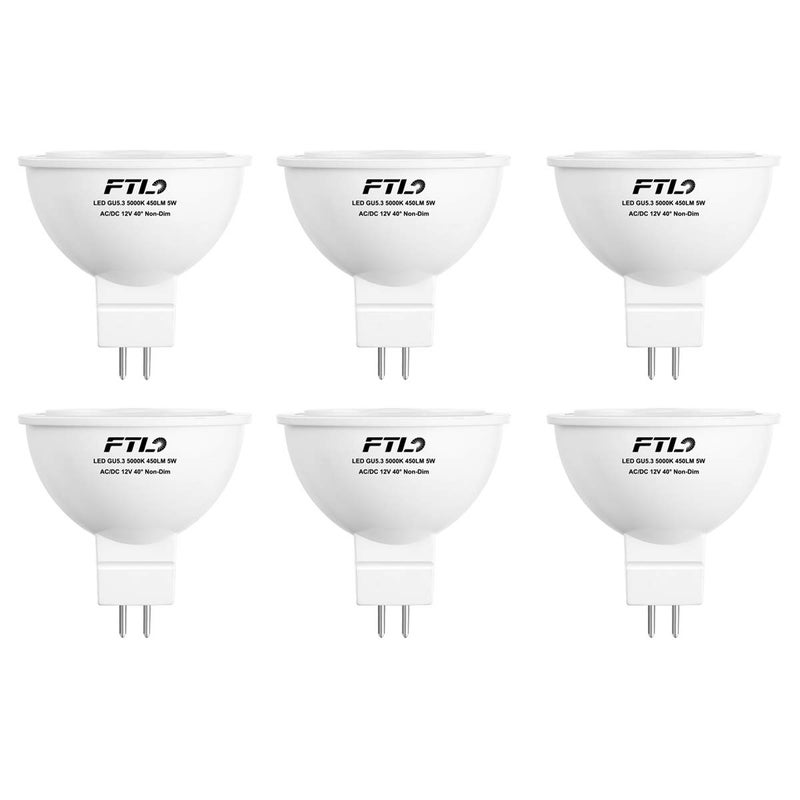 FTL مصباح LED FTL MR16 12V بديل هالوجين 50W قاعدة دبوس GU5.3 5W 5000K ضوء النهار غير قابل للتعتيم للإضاءة الخارجية وإضاءة المسار، عبوة 6 - Image 1