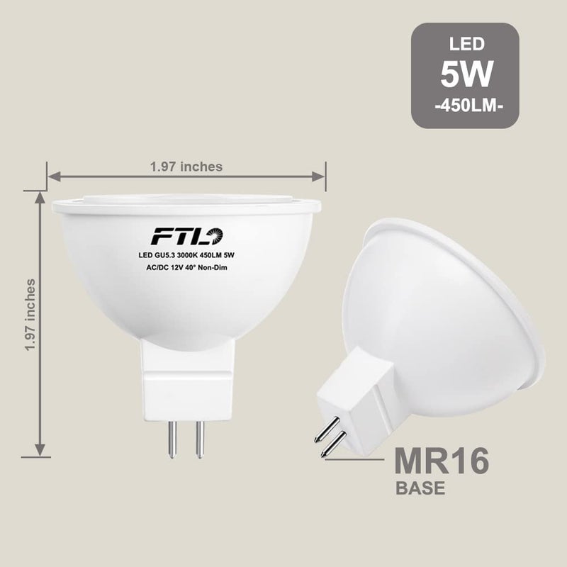FTL مصباح LED FTL MR16 12V بديل هالوجين 50W قاعدة دبوس GU5.3 5W 5000K ضوء النهار غير قابل للتعتيم للإضاءة الخارجية وإضاءة المسار، عبوة 6 - Image 2