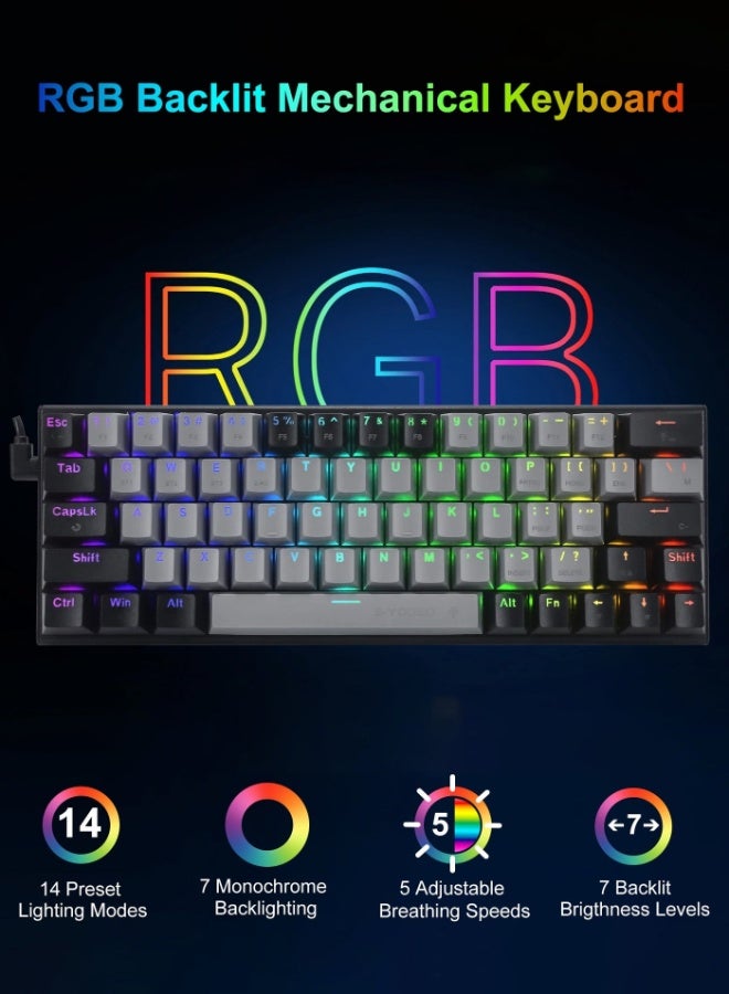 إي-يوسو لوحة مفاتيح ميكانيكية سلكية بنسبة 60% مع إضاءة خلفية RGB، فائقة الصغر بـ 61 مفتاحًا، مفاتيح حمراء قابلة للتبديل السريع، متوافقة مع ويندوز وماك وبلاي ستيشن (رمادي أسود). - Image 3