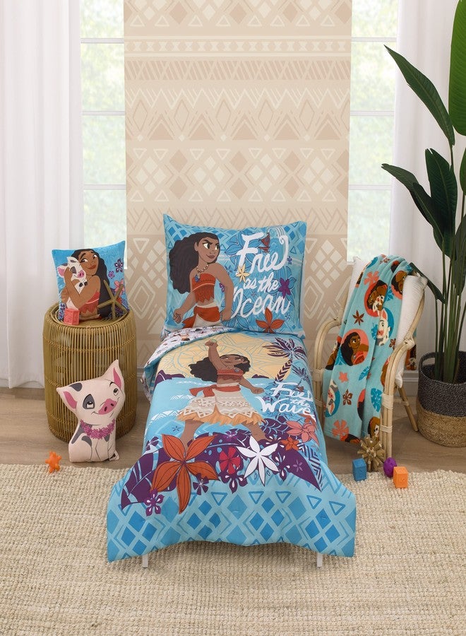 NoJo Disney Moana Free as The Ocean Aqua, Purple, Orange and White Tropical 4 Piece Toddler Bed Set - Comforter, Fitted Bottom Sheet, Flat Top Sheet, and Reversible Pillowcase - Image 1