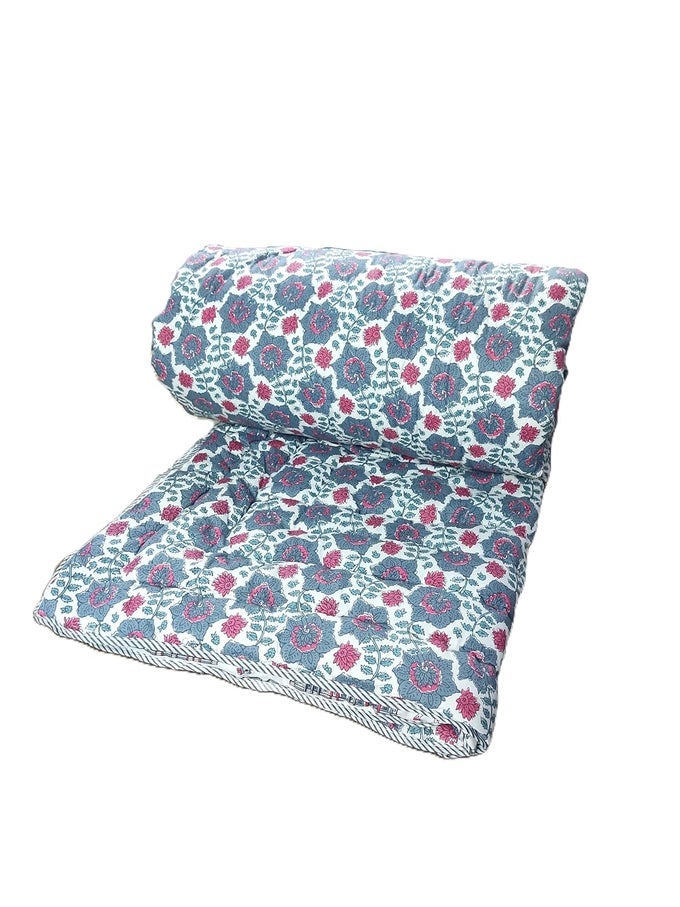 TRADITIONAL COTTON FLORAL PRINT DOUBLESIDED QUILT RAZAI HAWAMAHAL PATTERN WHITE BLUE PINK 90X100 INCH