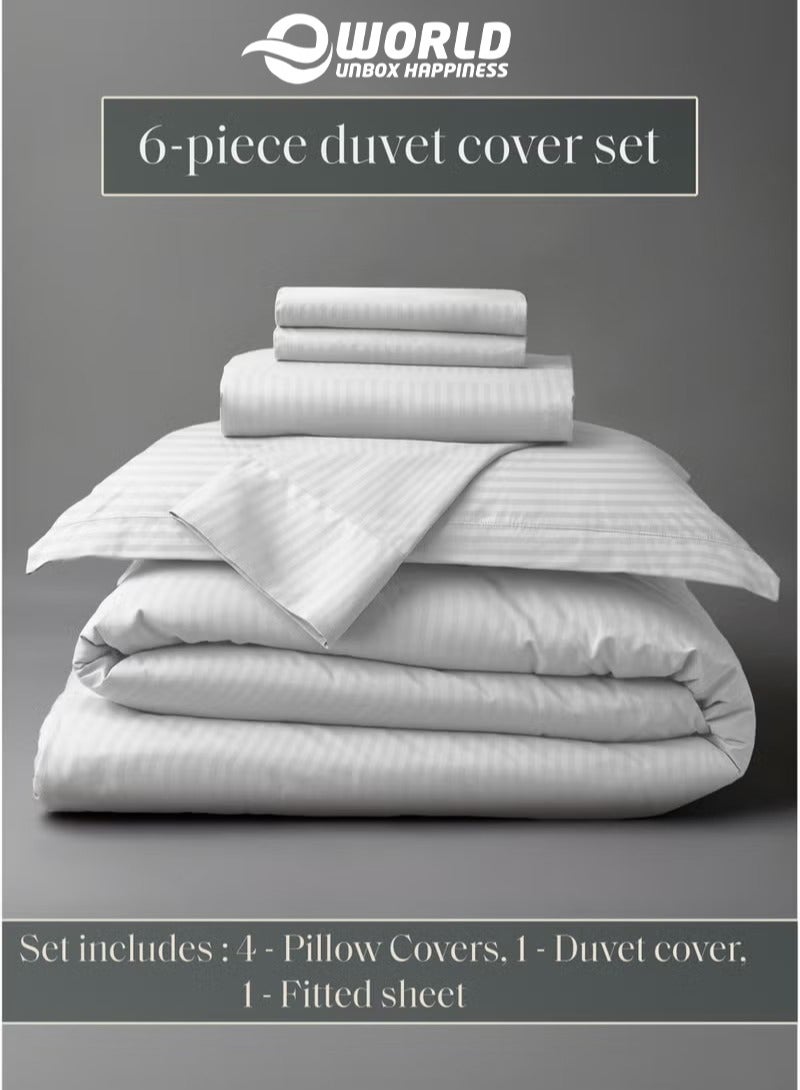 Eworld Premium Striped Duvet Set All Season – 6-Pieces set White | King Size 220x240 cm | Ultra-Soft, Wrinkle-Resistant & Made in Dubai | Includes Duvet Cover, Fitted Sheet ( 200x200 cm ) & 4 Pillow Covers ( 50x70 cm ) - Image 4