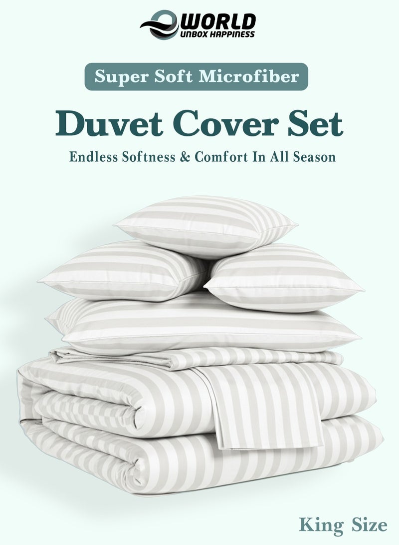 Eworld Premium Striped Duvet Set All Season – 6-Pieces set White | King Size 220x240 cm | Ultra-Soft, Wrinkle-Resistant & Made in Dubai | Includes Duvet Cover, Fitted Sheet ( 200x200 cm ) & 4 Pillow Covers ( 50x70 cm ) - Image 3