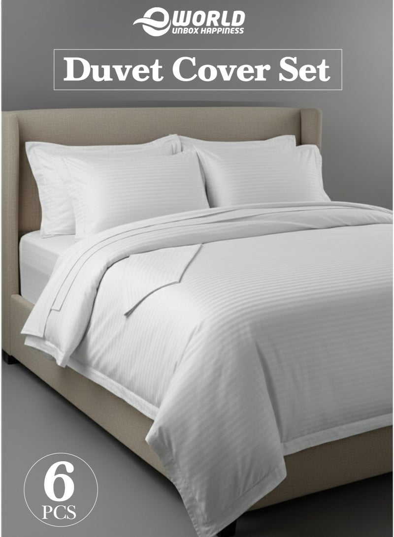 Eworld Premium Striped Duvet Set All Season – 6-Pieces set White | King Size 220x240 cm | Ultra-Soft, Wrinkle-Resistant & Made in Dubai | Includes Duvet Cover, Fitted Sheet ( 200x200 cm ) & 4 Pillow Covers ( 50x70 cm ) - Image 1