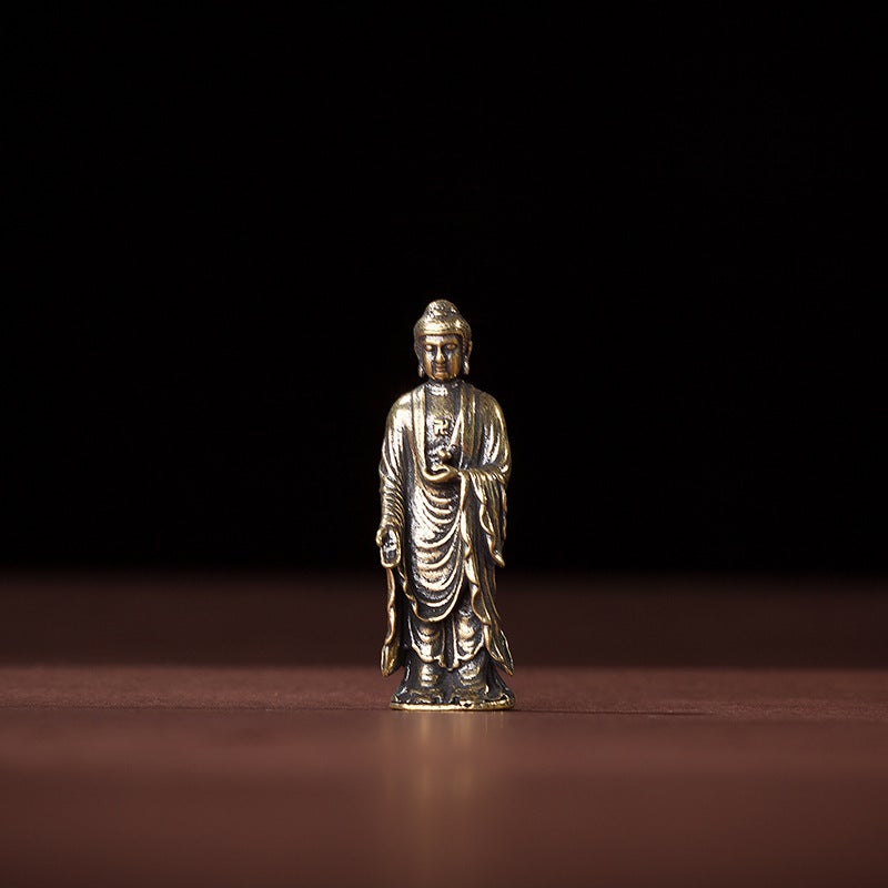 Solid Pure Yellow Copper Office Desk Ornament Lotus Flower Buddha Ancient Copper Tea Pet Craft Small Gift Handheld Bottle Brass-standing Sakyamuni 
