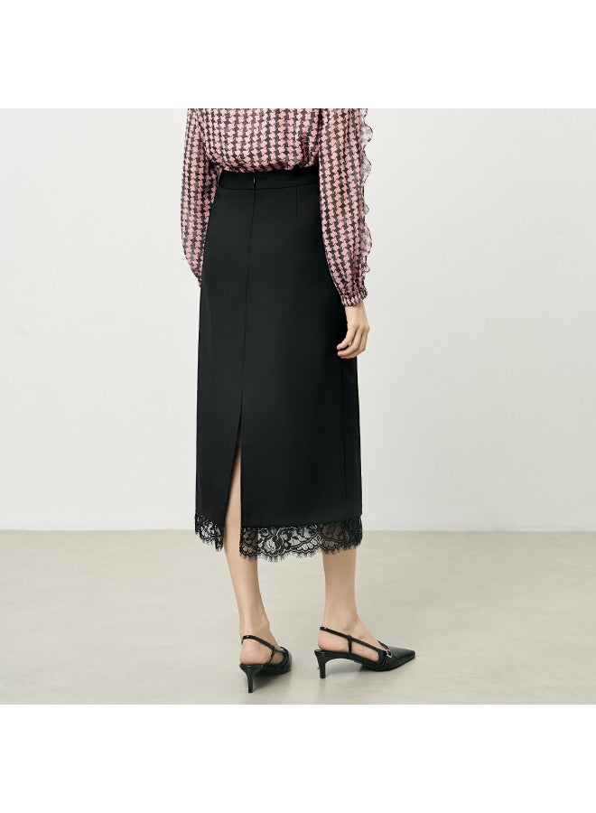 Yanyee Black Straight Midi Skirt Women Autumn Commuting Versatile Lace Trim Pencil Skirt Black 2XL - Image 2