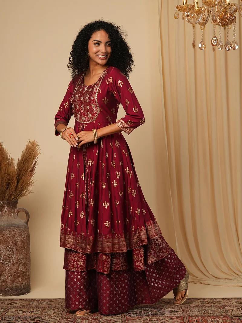 globus Globus Women Ethnic Motifs Yoke Design Embroidered Anarkali Festive Kurta