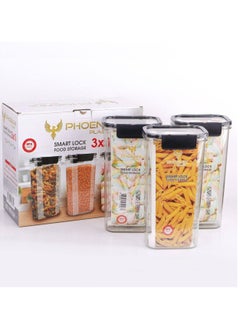 Phoenix Acrylic Refrigerator Food Container,Food box Set of3 Pieces with Airtight Lock - Clear Silicone Sides -3 * 1700ml Black  - Image 2
