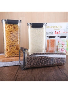 Phoenix Acrylic Refrigerator Food Container,Food box Set of3 Pieces with Airtight Lock - Clear Silicone Sides -3 * 1700ml Black  - Image 3