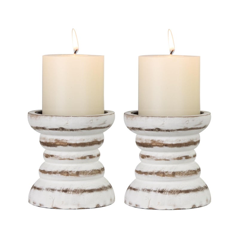 CEDARLUX Candle Holder for Pillar Candle Set of 2, Farmhouse Wood Candle Holder, Rustic Wooden Candle Stand, Vintage Small Wooden Candlestick Holders for Living Room, Table Centerpiece, Rustic White - Image 1
