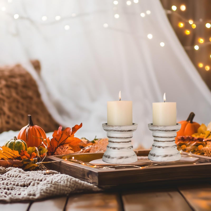 CEDARLUX Candle Holder for Pillar Candle Set of 2, Farmhouse Wood Candle Holder, Rustic Wooden Candle Stand, Vintage Small Wooden Candlestick Holders for Living Room, Table Centerpiece, Rustic White - Image 5